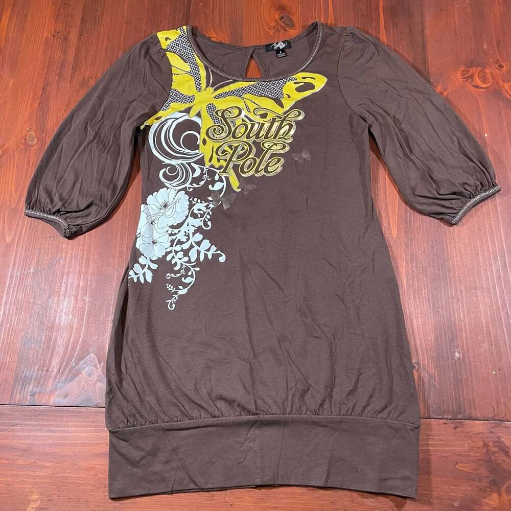 Southpole Graphic Print Long Top Size L Brown Y2K Butterfly Floral